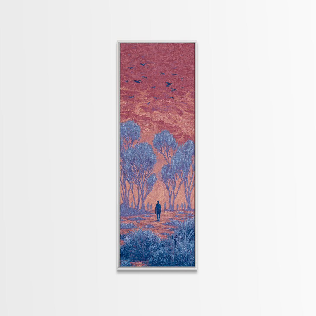 Pink Sunset Landscape Canvas Print, African Landscape, Dreamy Wall Art, Nature Scene Art, Blue Trees, Birds, Large Decor Art