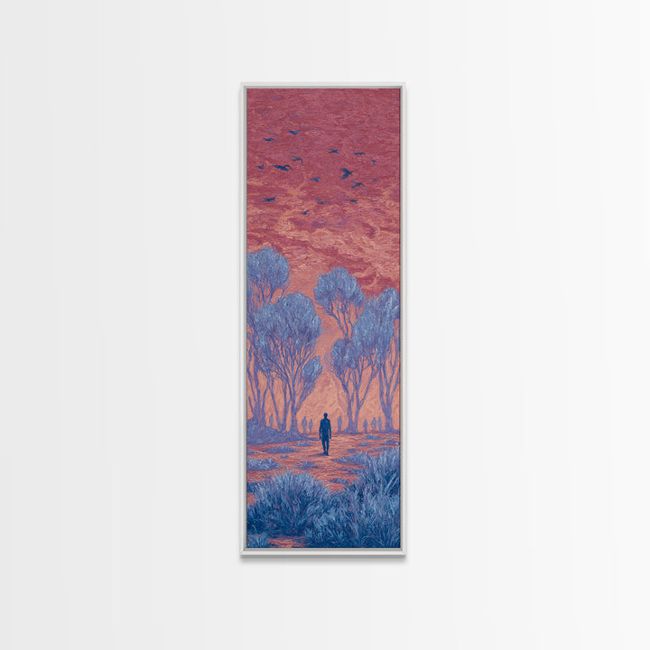 Pink Sunset Landscape Canvas Print, African Landscape, Dreamy Wall Art, Nature Scene Art, Blue Trees, Birds, Large Decor Art