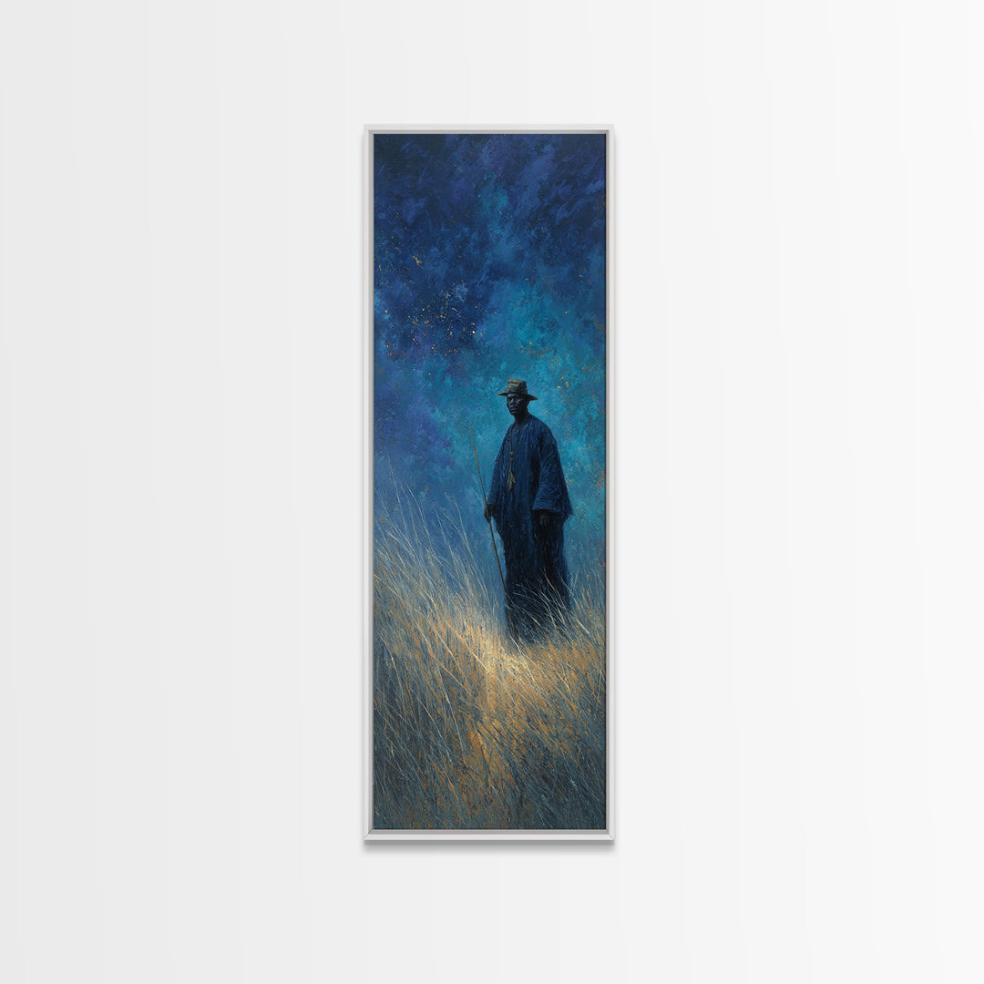 Blue Night Wanderer Wall Art, African Portrait, Mystical Wall Art, Spiritual Canvas Print, Dreamy Grassland Home Decor Gift