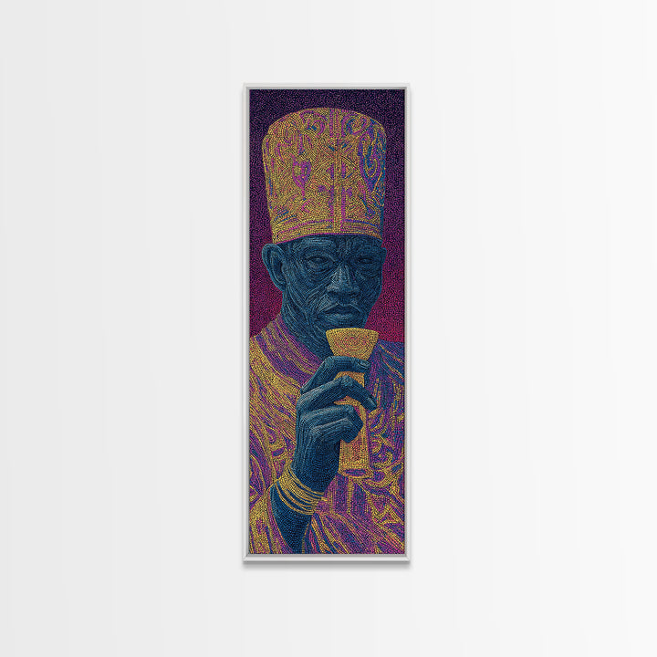 Ornate Blue Elder Drinking Tea Wall Art, African Portrait, Contemporary Canvas, Pointillist Black Art, Bold Home Decor Gift
