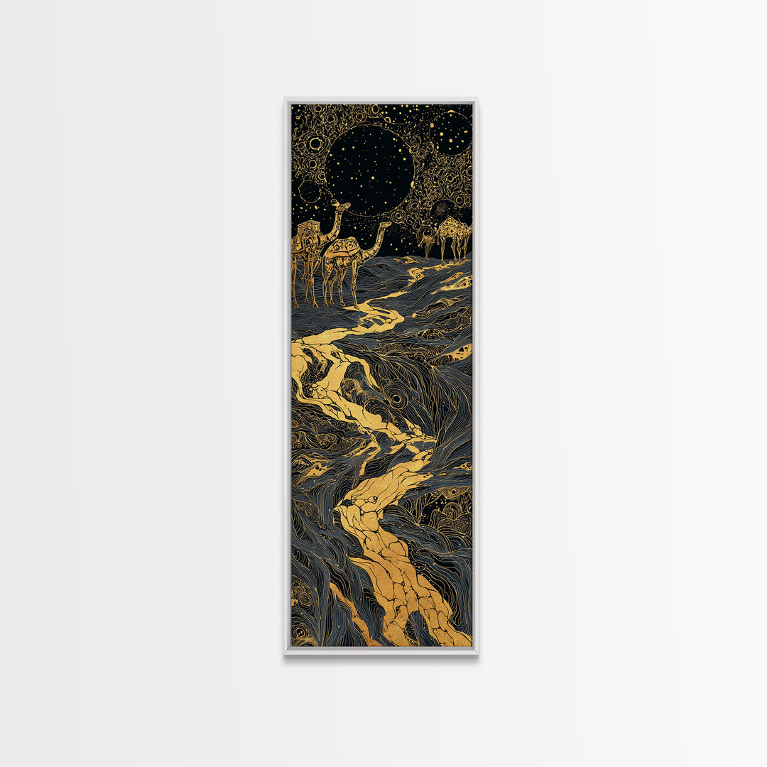 Golden Moon Elephants In Cosmic River Wall Art, African Safari Art, Black And Gold Decor, Mystical Landscape, Statement Print