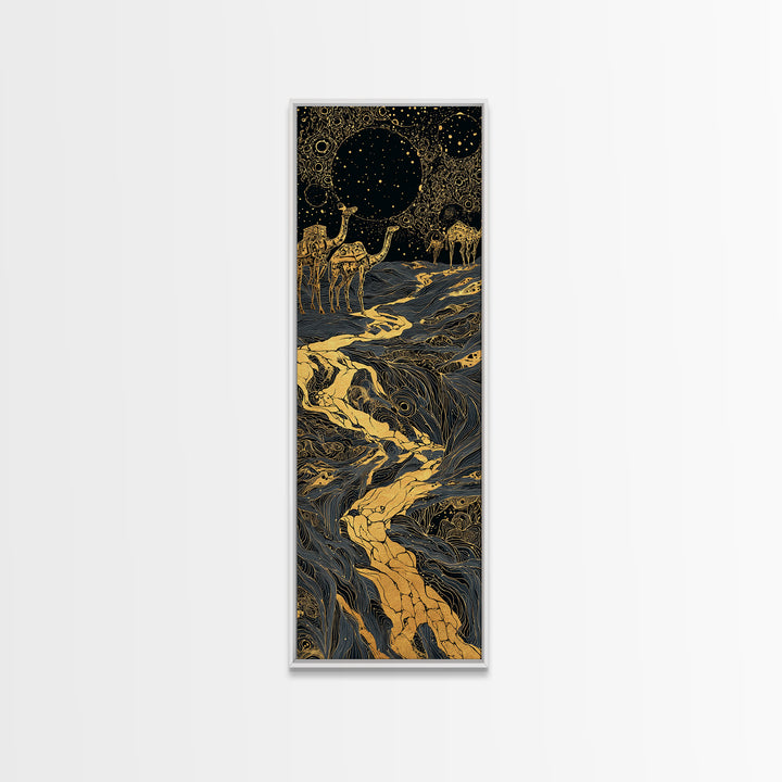 Golden Moon Elephants In Cosmic River Wall Art, African Safari Art, Black And Gold Decor, Mystical Landscape, Statement Print