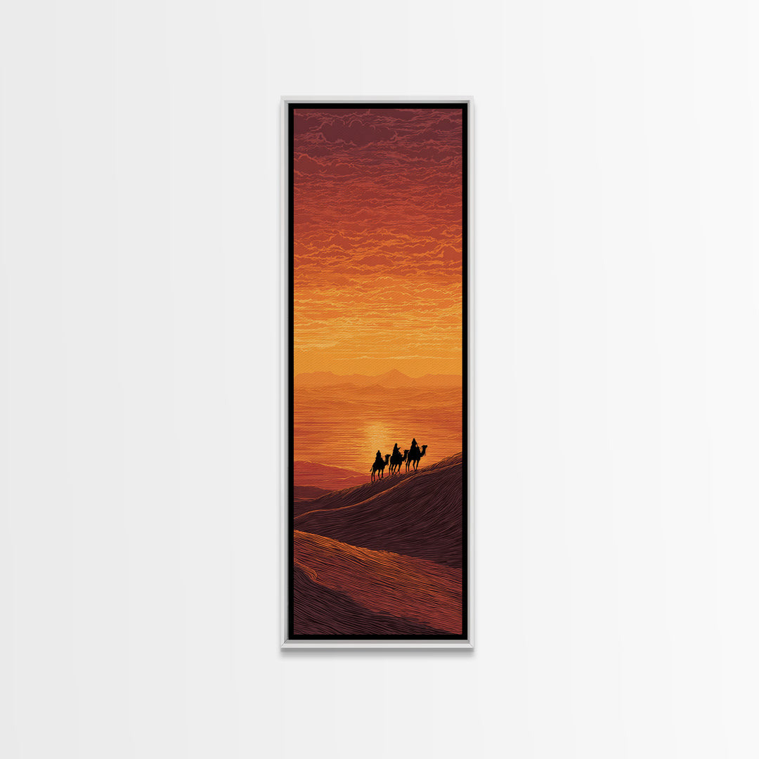 Sunset Camel Caravan Over Desert Dunes Canvas Print, African Landscape, Sahara Travel Wall Decor, Warm Orange Safari Art