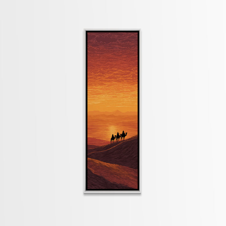 Sunset Camel Caravan Over Desert Dunes Canvas Print, African Landscape, Sahara Travel Wall Decor, Warm Orange Safari Art