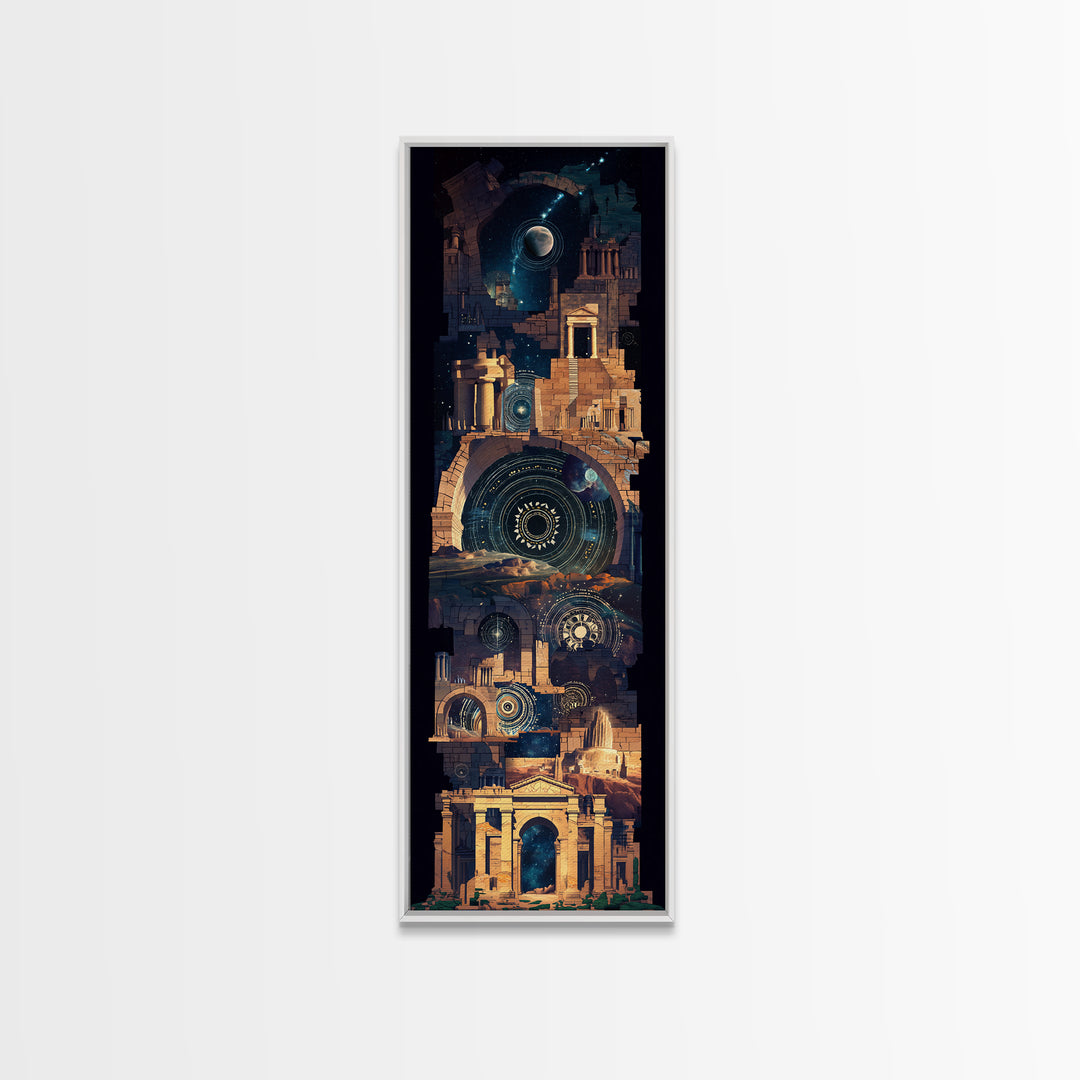 Ancient Temple Night Wall Art, Mystical Ruins Under Moon, African Inspired Architecture, Spiritual Blue Gold Home Decor Gift