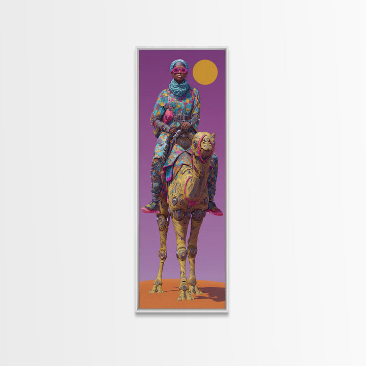 Afrofuturist Woman On Robotic Camel Wall Art, African Queen Portrait, Modern African Art, Purple Orange Desert Decor Print