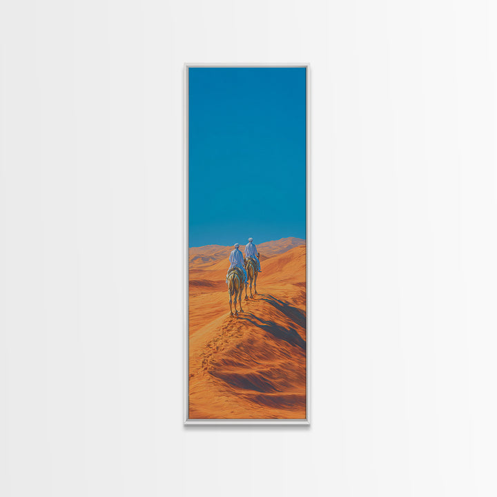 Blue Nomad Riders Crossing Orange Desert Dunes Wall Art, African Safari Decor, Modern Canvas, Boho Living Room Artwork Prints