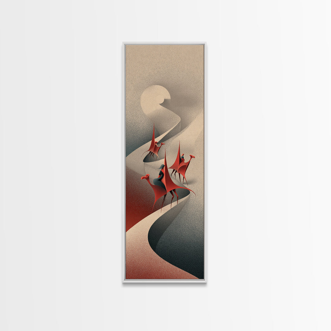 Red Crowned Birds On Winding Moonlit River Canvas Print, Abstract African Art, Elegant Boho Wall Decor, Modern Home Gift