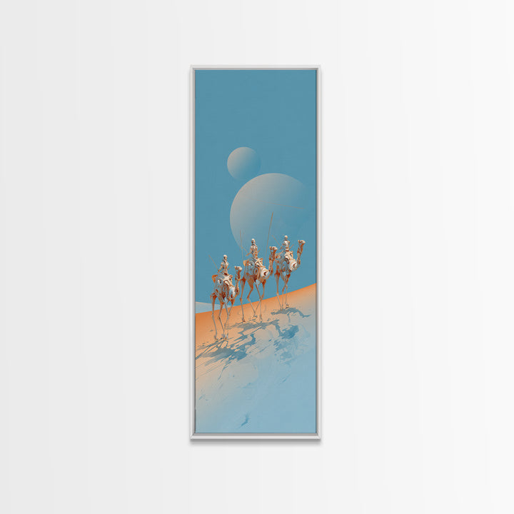 White Camel Riders Beneath Pale Blue Moons Framed Canvas Print, African Safari Art, Dreamy Desert Decor, Unique Wall Artwork