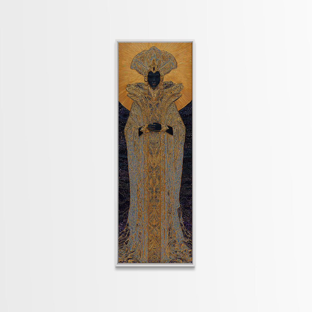 Regal Black Queen In Ornate Gold Robe Framed Canvas Print, African Woman Art, Afrocentric Decor, Luxury Portrait Wall Art