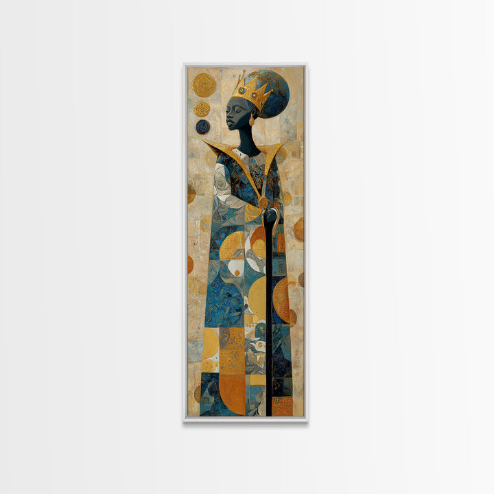 Crowned African Queen With Gold And Teal Geometry Canvas Print, Black Woman Art, Afrocentric Wall Decor, Elegant Home Gift