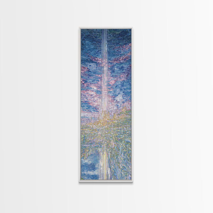 Radiant Sky Beam Utopia Framed Canvas Print, Futuristic City Wall Art, Blue Cloudscape, Dreamy Modern Home Decor, Large Decor Art