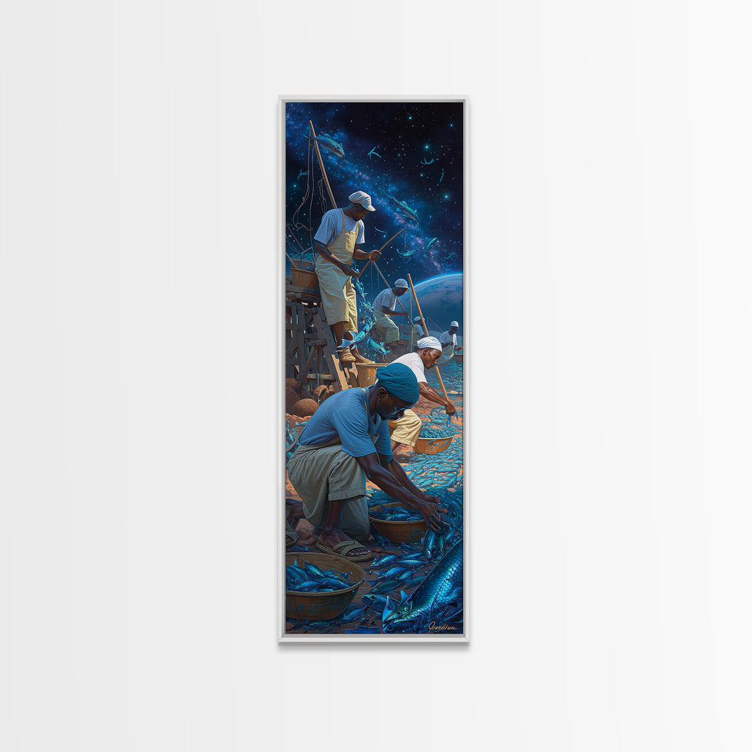 Starlit Fishermen Sorting Blue Catch Framed Canvas Print, Cosmic Seascape Wall Art, Coastal Work Scene, Unique Decor, Gift For Him
