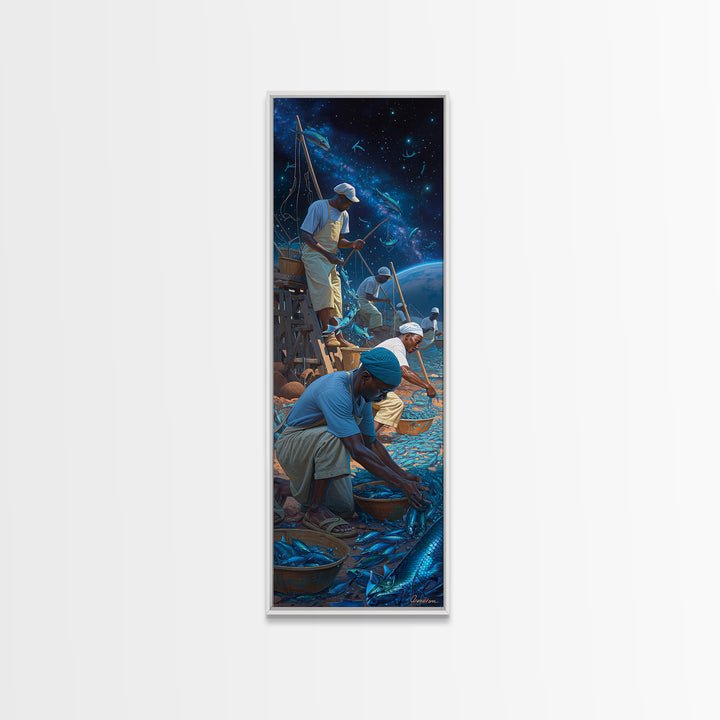 Starlit Fishermen Sorting Blue Catch Framed Canvas Print, Cosmic Seascape Wall Art, Coastal Work Scene, Unique Decor, Gift For Him