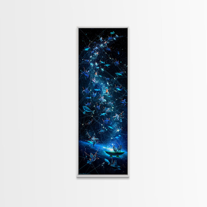 Glowing Fish Constellation Wall Art, Cosmic Ocean Canvas Print, Blue Galaxy Sea Life, Dreamy Nautical Modern Decor, Large Decor Art