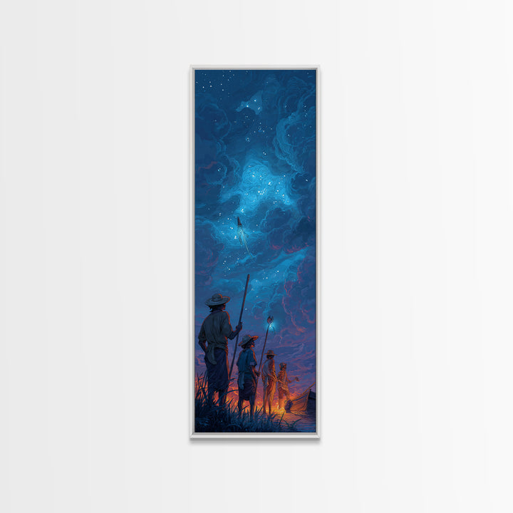 Starry Blue Storm Watchers Wall Art, Fantasy Cloudscape Canvas Print, Silhouette Adventure Decor, Mystical Night Sky, Dreamy Wall Art