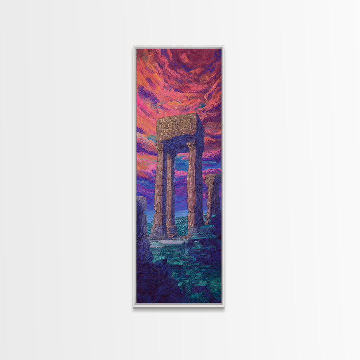 Ancient Stone Portal At Neon Sea Wall Art, Surreal Ruins Landscape, African Inspired Decor, Fantasy Sunset Canvas Print Gift