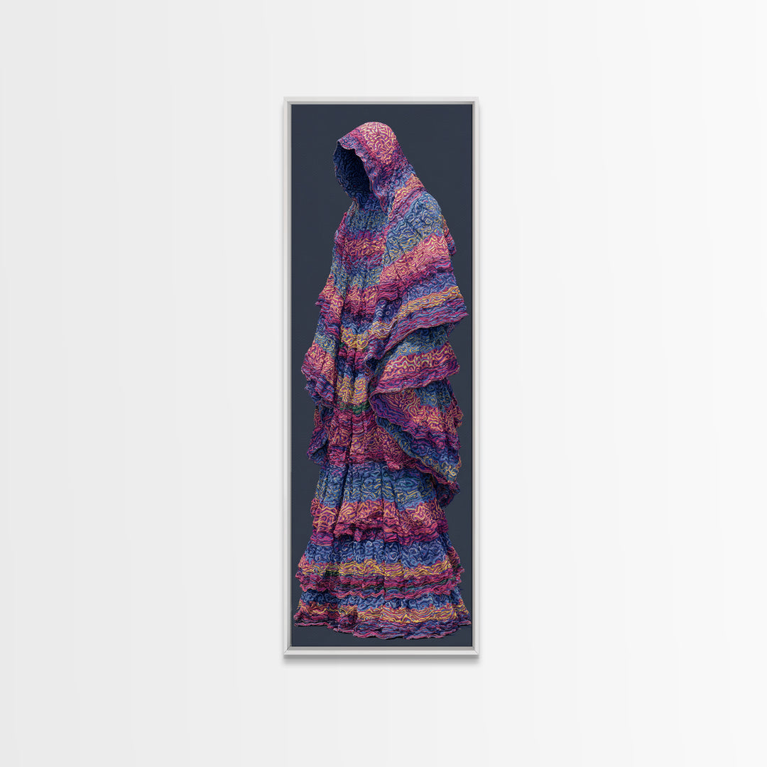 Hooded Indigo Textile Woman Canvas Print, African Woman Art, Pink Blue Patterned Robe, Feminine Boho Wall Decor Gift For Her