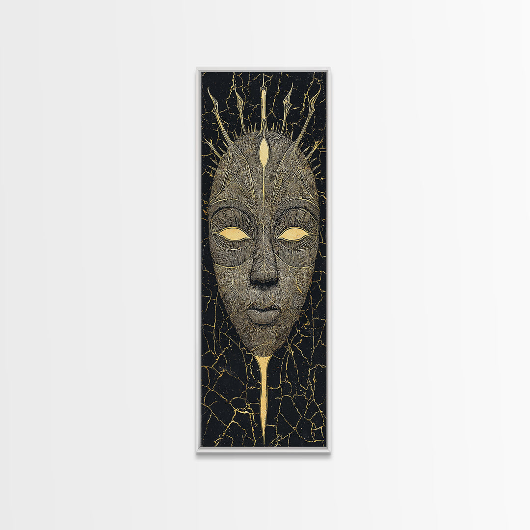 Crowned Ritual Mask Canvas Print, Golden African Tribal Art, Black Gold Face Portrait, Spiritual Wall Decor Gift For Home