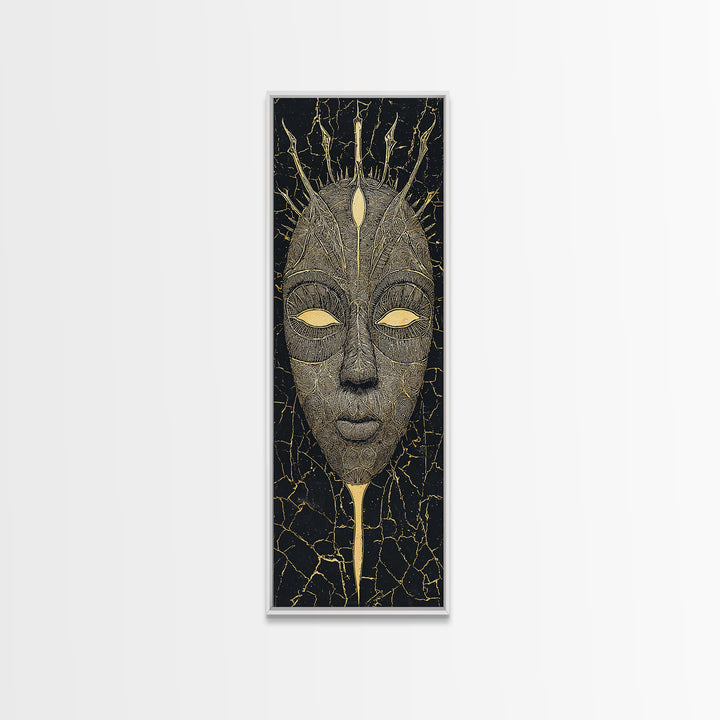 Crowned Ritual Mask Canvas Print, Golden African Tribal Art, Black Gold Face Portrait, Spiritual Wall Decor Gift For Home