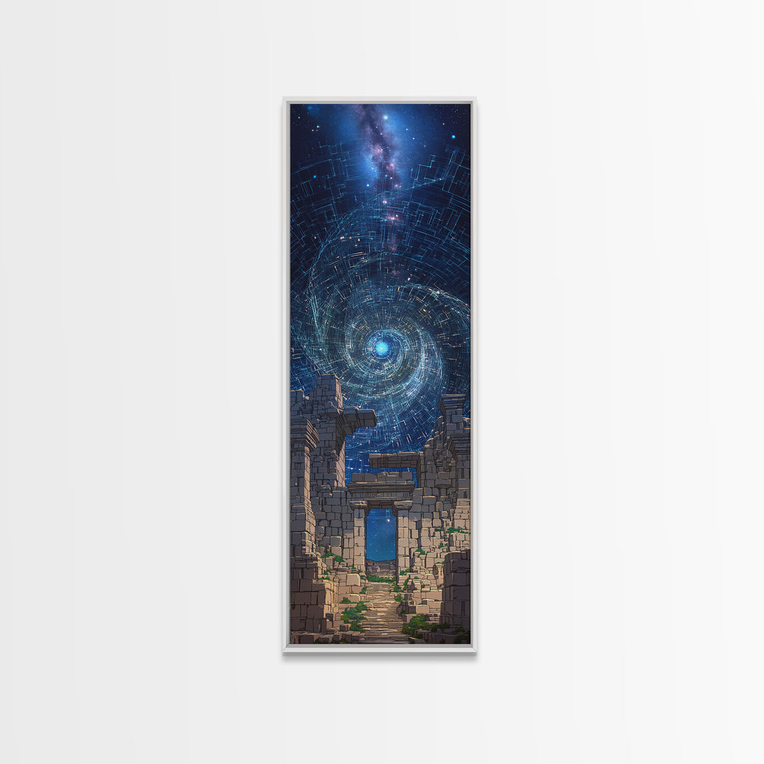 Cosmic Spiral Portal Over Ancient Ruins Canvas Print, Starry Galaxy Wall Decor, Mystical Wall Art, Blue Fantasy Gift For Her