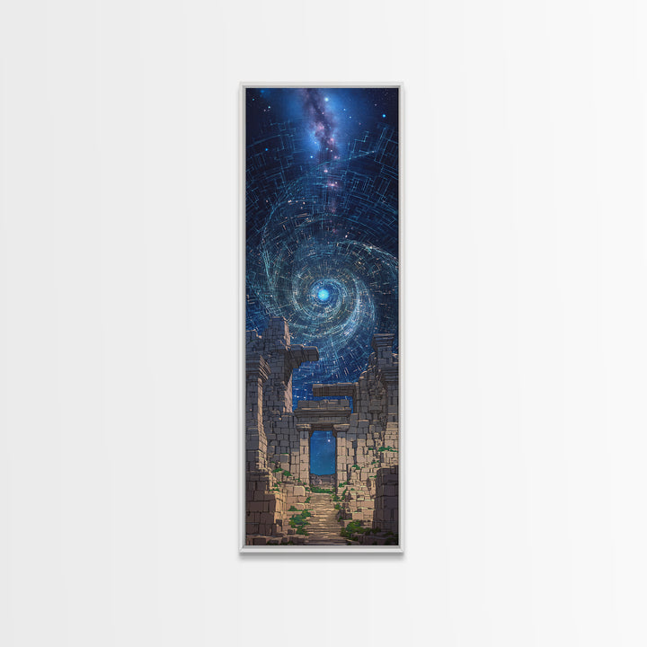 Cosmic Spiral Portal Over Ancient Ruins Canvas Print, Starry Galaxy Wall Decor, Mystical Wall Art, Blue Fantasy Gift For Her
