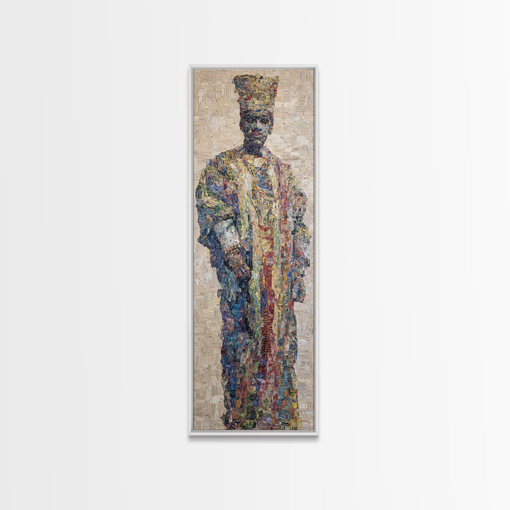 Regal Mosaic African King Framed Canvas Print, Textured Cultural Portrait, Afrocentric Wall Art, Elegant Home Decor Gift