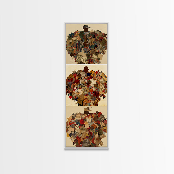 Patchwork Collage Figure Triptych Wall Art, African Fabric Abstract Portraits, Boho Textile Decor, Modern Canvas Print Gift