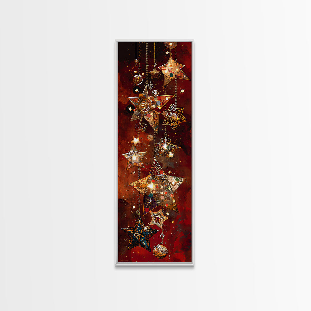 Hanging Mosaic Star Ornaments Framed Canvas Print, Red Celestial Wall Art, Holiday Decor, Bohemian Home Decor Gift For Her