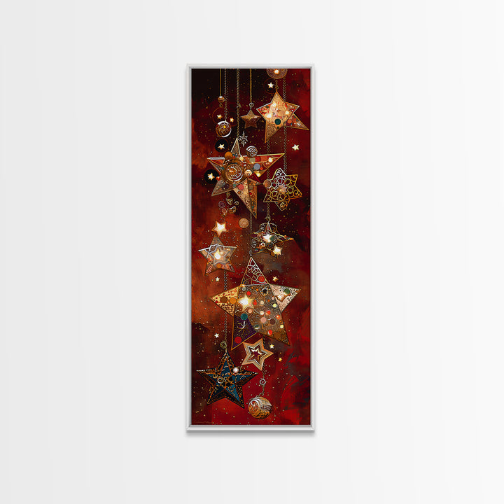 Hanging Mosaic Star Ornaments Framed Canvas Print, Red Celestial Wall Art, Holiday Decor, Bohemian Home Decor Gift For Her