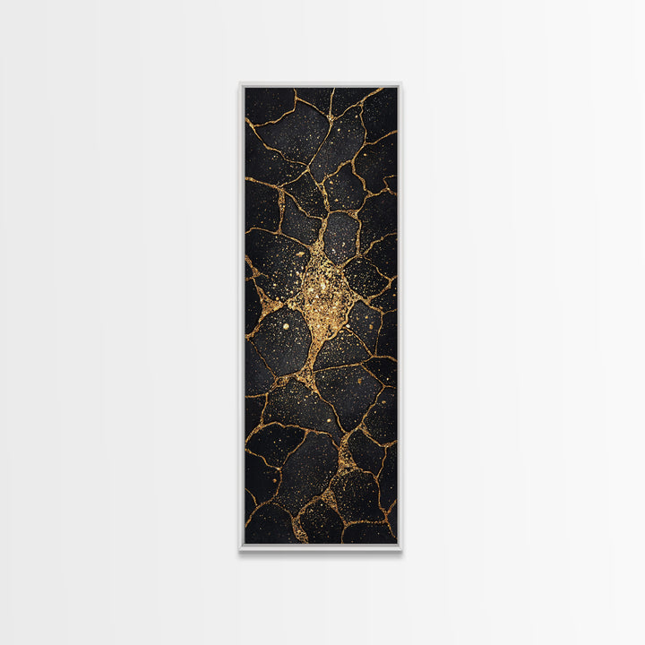 Black Gold Kintsugi Crackle Wall Art, Abstract Stone Canvas Print, Luxury Modern Home Decor, Earth Tone Art Gift For Living Room