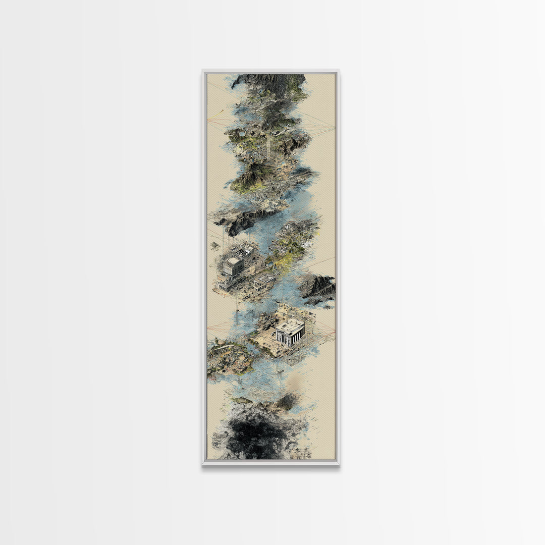 Floating Temple Ruins In Misty Clouds Framed Canvas Print, Ancient African Art Decor, Beige Abstract Landscape Wall Art Gift