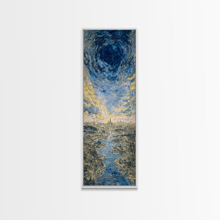 Blue Vortex Sky Above River Valley Wall Art, Abstract Landscape Canvas Print, Modern Nature Scene Art, Dreamy Home Decor