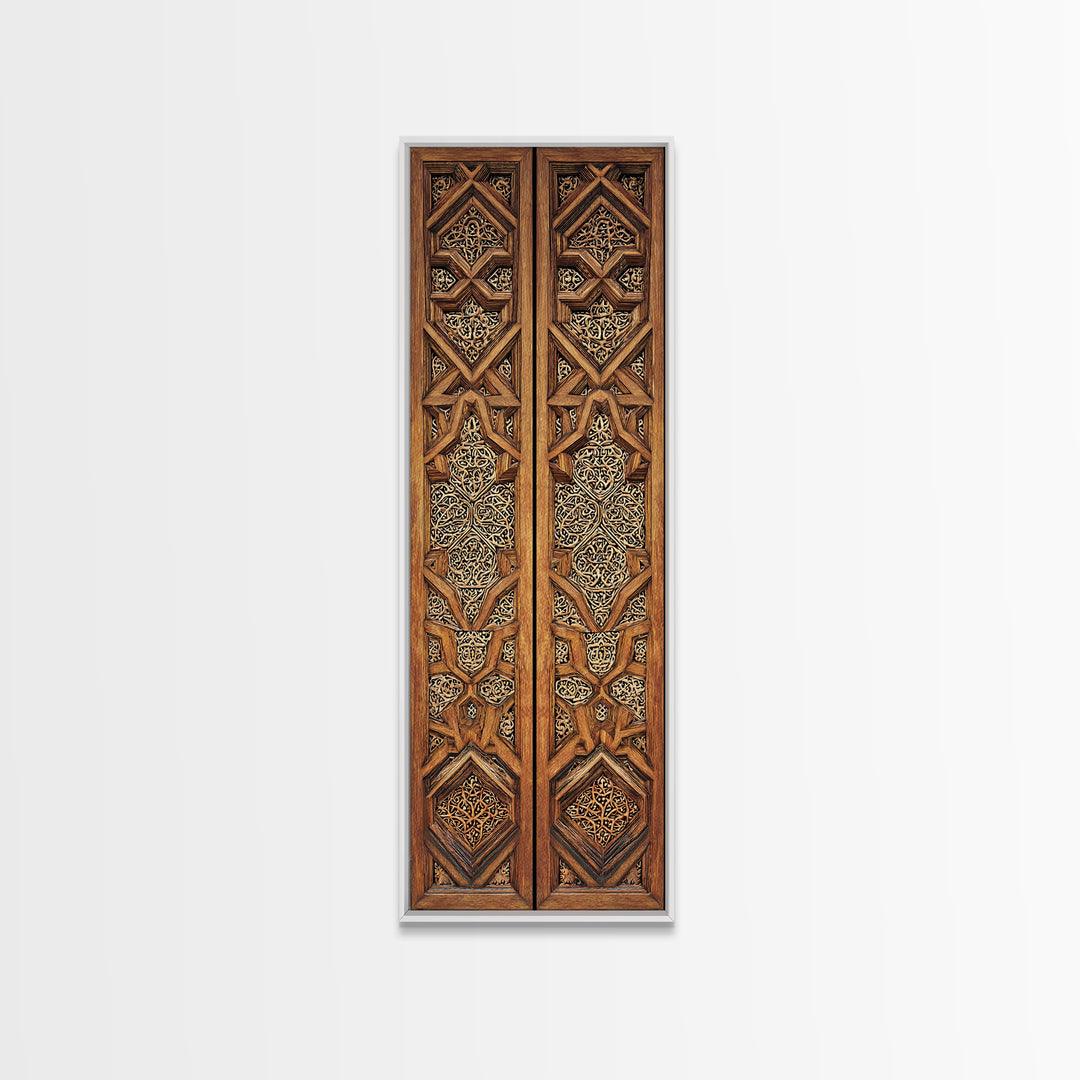 Wood And Gold African Lattice Door Panels Framed Canvas Print, Tribal Wall Decor, African Patterns, Rustic Decor, Statement Piece