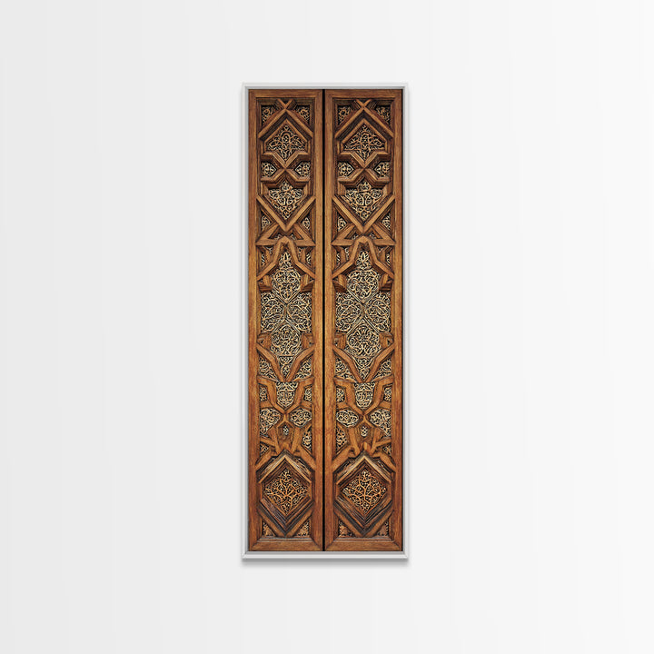 Wood And Gold African Lattice Door Panels Framed Canvas Print, Tribal Wall Decor, African Patterns, Rustic Decor, Statement Piece