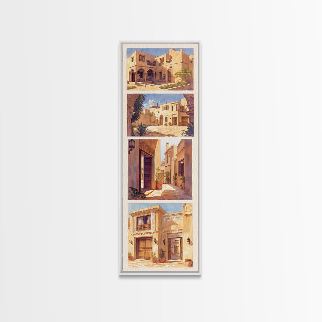 Desert Courtyard Architecture Wall Art, Morocco Travel Poster, African Inspired Decor, Sunlit Villa Canvas Print, Gift For Her