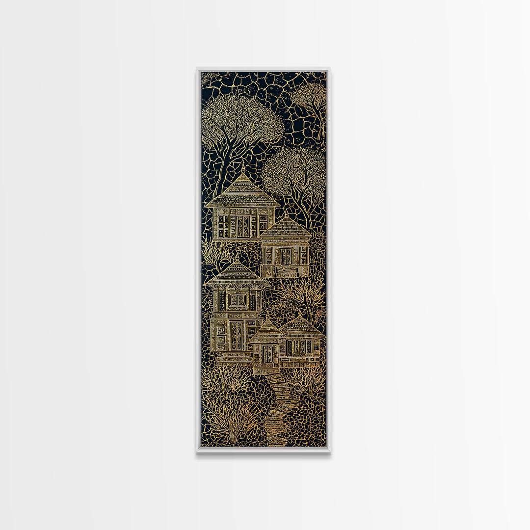 Golden Line Art Village House Canvas Print, African Inspired Black And Gold Wall Art, Boho Tribal Decor, Unique Home Decor