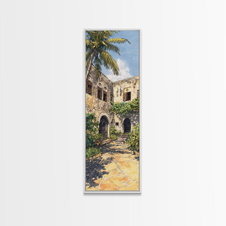Tropical Ruin Courtyard Wall Art, Zanzibar Palm Architecture Canvas Print, African Travel Decor, Botanical Home Decor Gift