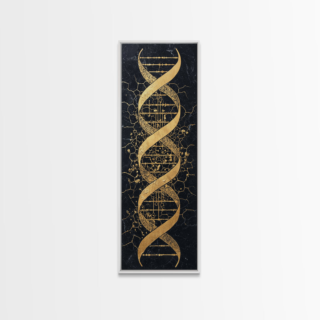 Gold DNA Helix On Black Cracked Background Canvas Print, Science Wall Art, Black And Gold Art, Modern Office Decor Gift For Him