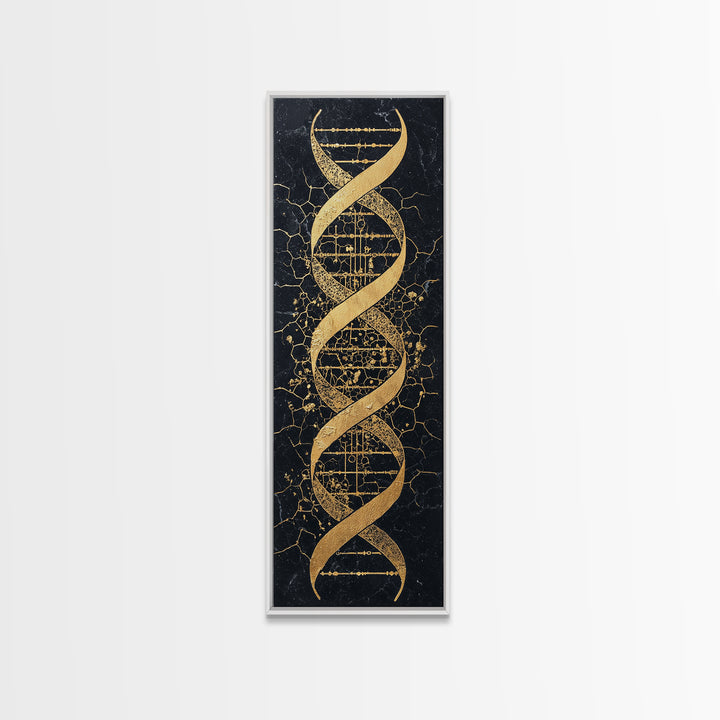 Gold DNA Helix On Black Cracked Background Canvas Print, Science Wall Art, Black And Gold Art, Modern Office Decor Gift For Him