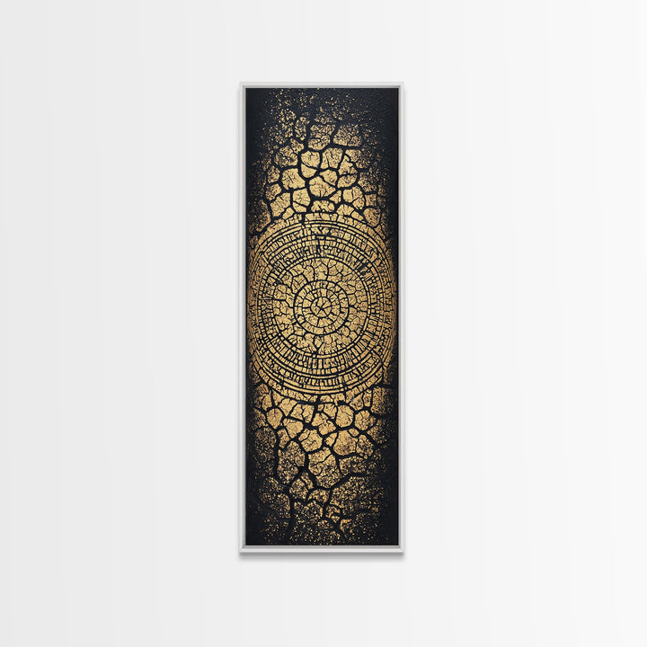 Gold Spiral On Black Cracked Texture Wall Art, African Inspired Abstract Canvas Print, Luxe Tribal Modern Home Decor Gift