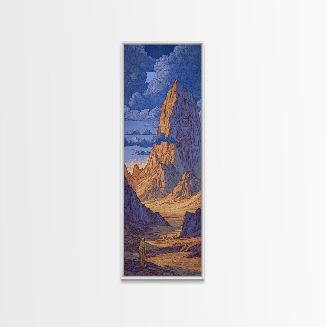 Blue Desert Mountain Monolith And Lone Figure Wall Art, Mystical Landscape Canvas Print, Dreamy Southwest Fantasy Decor Gift