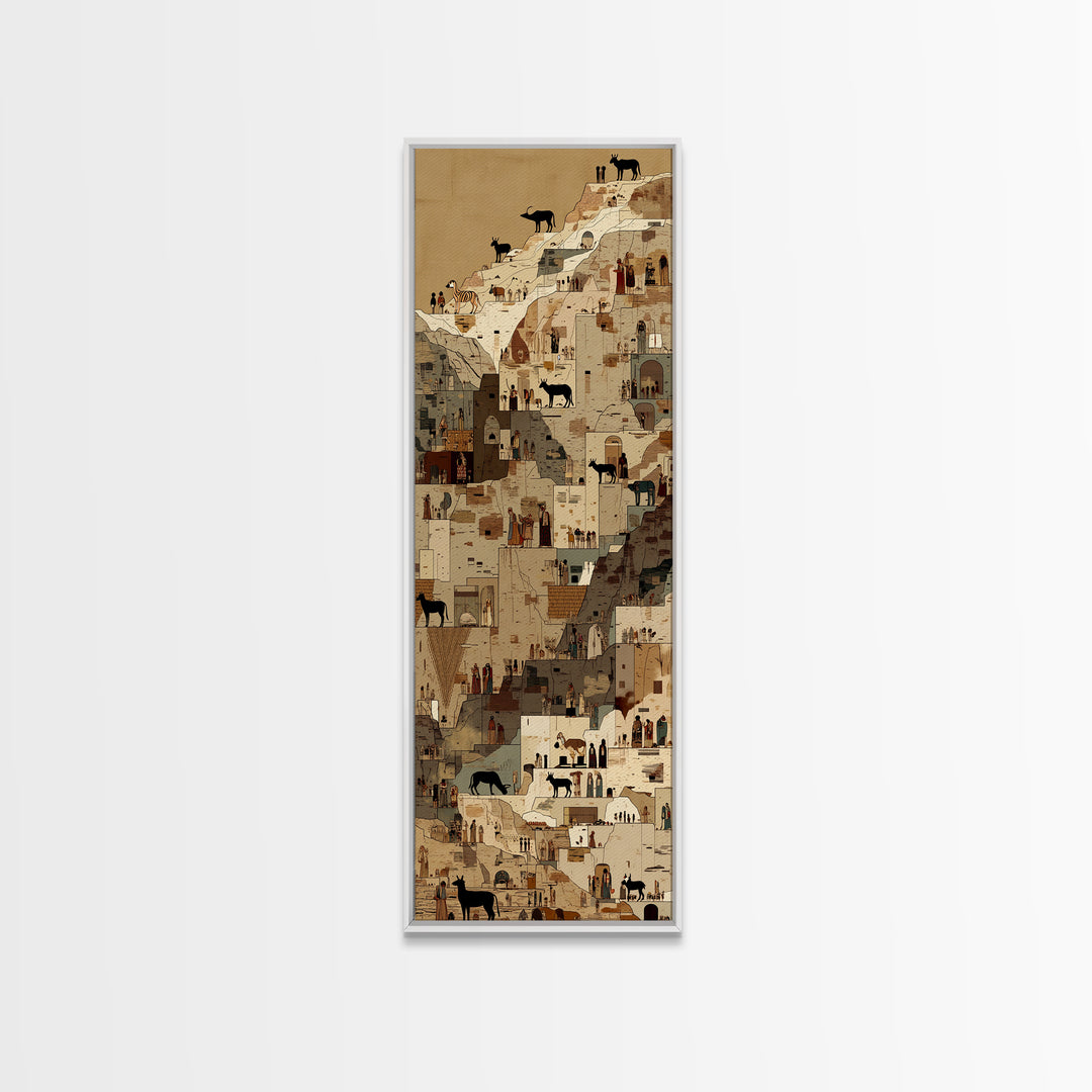 Cliffside Desert Village With Goats And Tiny Figures Canvas Print, North African Wall Art, Cultural Travel Home Decor Gift