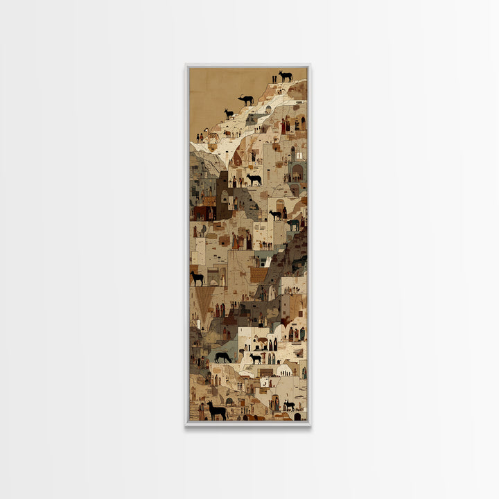 Cliffside Desert Village With Goats And Tiny Figures Canvas Print, North African Wall Art, Cultural Travel Home Decor Gift