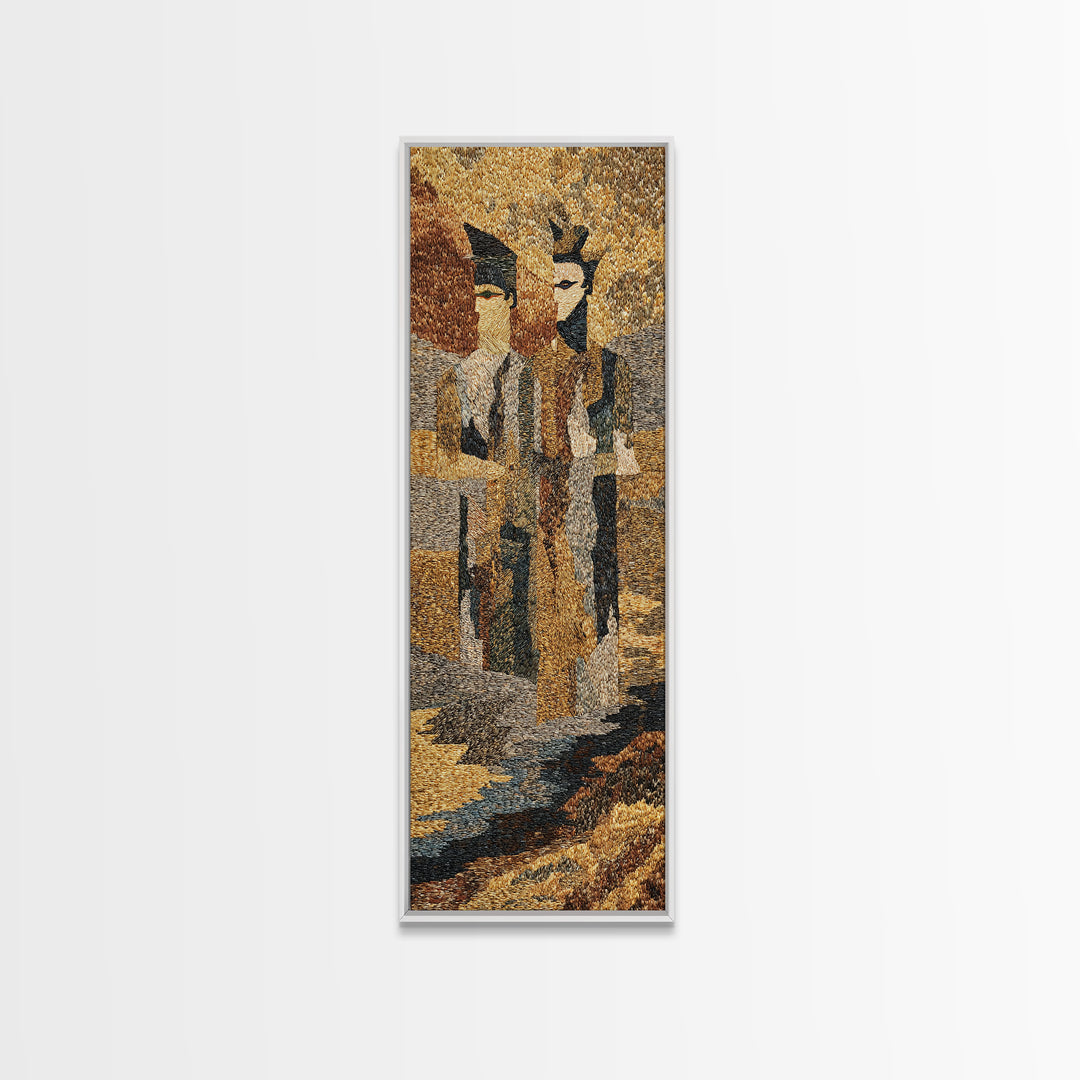 Textured African Tribal Figures Framed Canvas Print, Modern African Art Decor, Mask Portrait, Earth Tone Cultural Wall Art