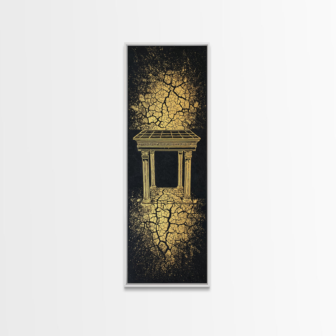 Golden Temple Portal Wall Art, Cracked Black Abstract African Inspired Decor, Ancient Ruins Canvas Print For Elegant Home