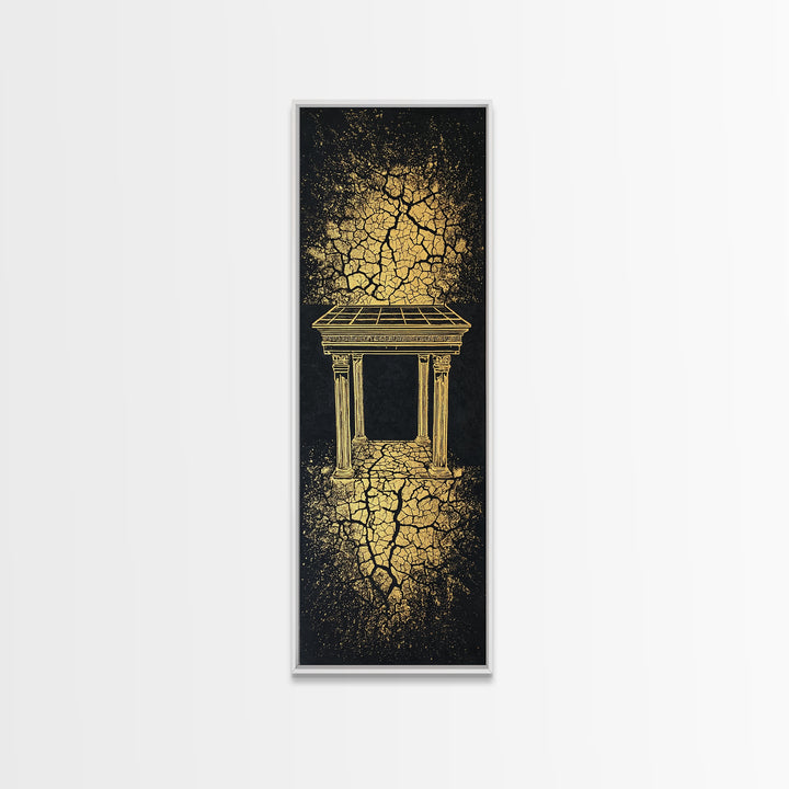 Golden Temple Portal Wall Art, Cracked Black Abstract African Inspired Decor, Ancient Ruins Canvas Print For Elegant Home