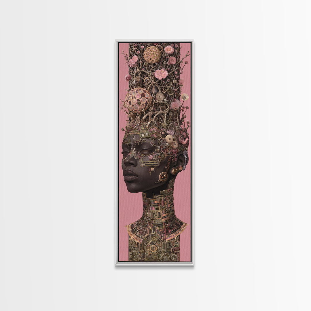 Regal Black Woman With Floral Tech Headdress Framed Canvas Print, African Queen Wall Art, Afrocentric Decor Gift For Her
