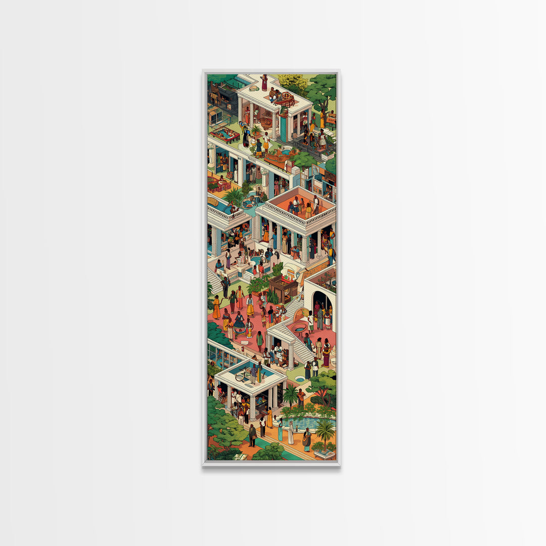 Lush African Courtyard Villa Canvas Print, Isometric Garden Party Wall Decor, Elegant Home Art, Modern Cultural Gift For Her