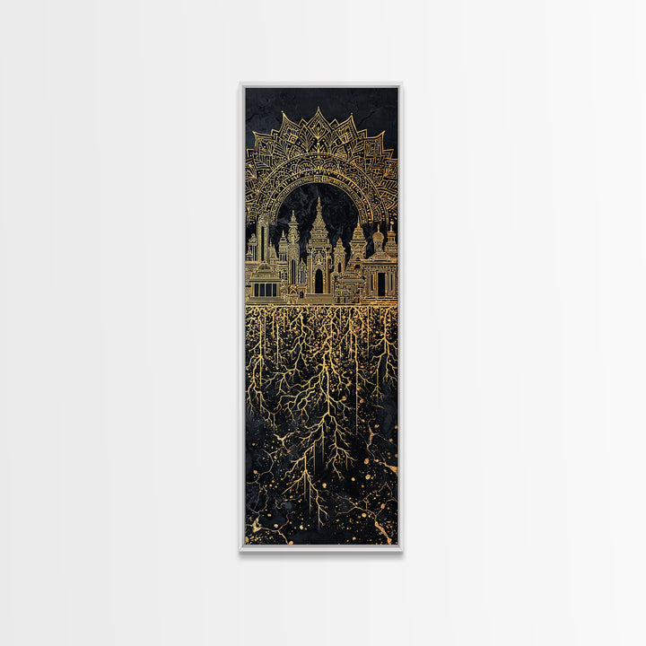 Gold Islamic Arch And Rooted Palace Framed Canvas Print, Black Spiritual Wall Art, Ornate Cultural Decor, Luxury Gift For Home